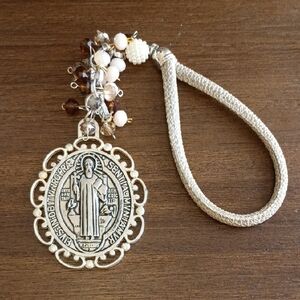 Silver-Tone Saint Medallion Bracelet with Brown and Cream Beads